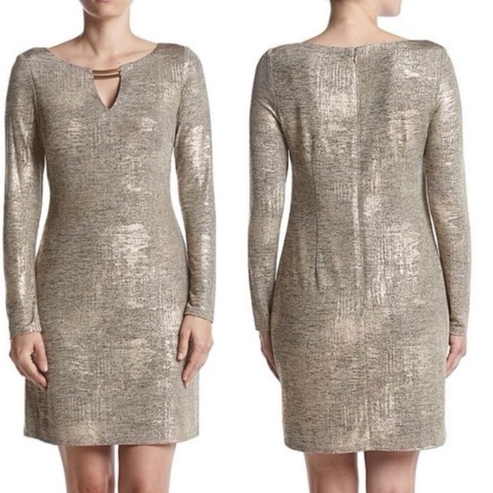 Vince Camuto Metallic Long Sleeves Shift Dress Midi Stretchy Lined Size 10